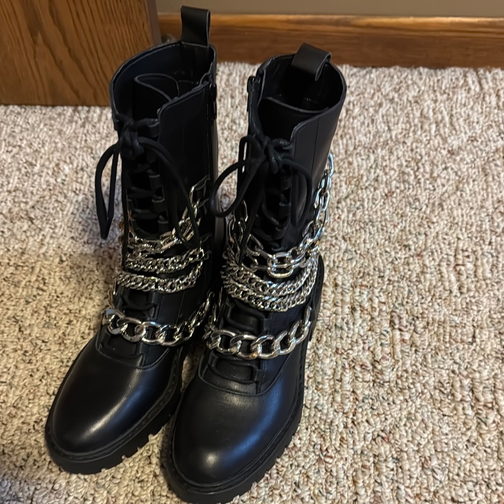 Zara Black and Silver Combat Boots with Chain Accents